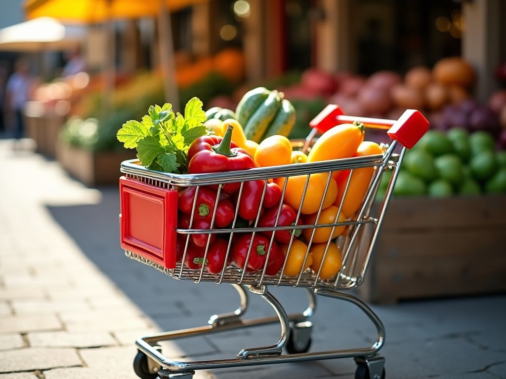 The image depicts a shopping cart brimming with fresh, colorful vegetables. The cart sits on a well-paved street near a market. Behind it, a variety of fruit and vegetables are displayed in vibrant stalls. The sunlight enhances the ripeness and color of the vegetables. Perfect for illustrating themes of health and wellness, this image promotes wholesome eating options.