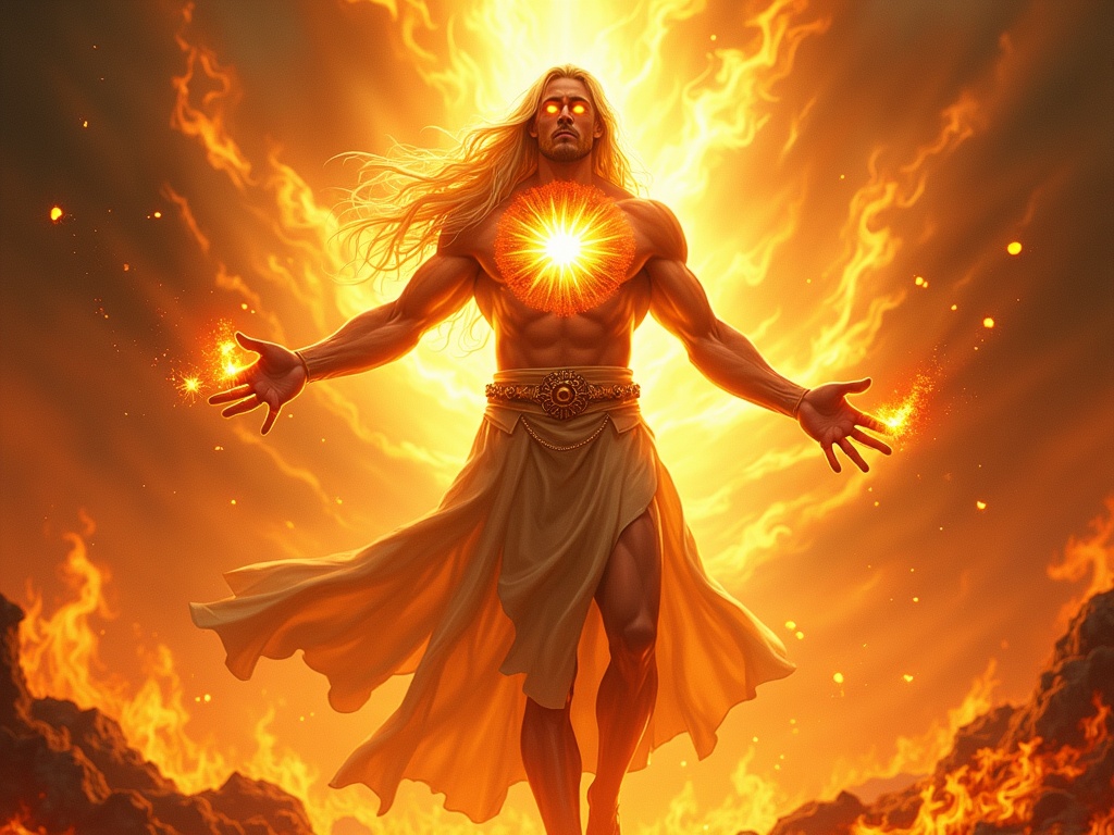 Create an epic fantasy illustration of a powerful figure resembling a divine or mythological entity. The figure stands amidst roaring flames with long flowing hair and muscular arms outstretched. A radiant glowing sun-like symbol is prominently displayed on his chest. He draws immense energy from the fiery surroundings, symbolizing divine strength. The background is ablaze with swirling fire, casting a brilliant golden and orange glow, while flares emanate from his glowing eyes.