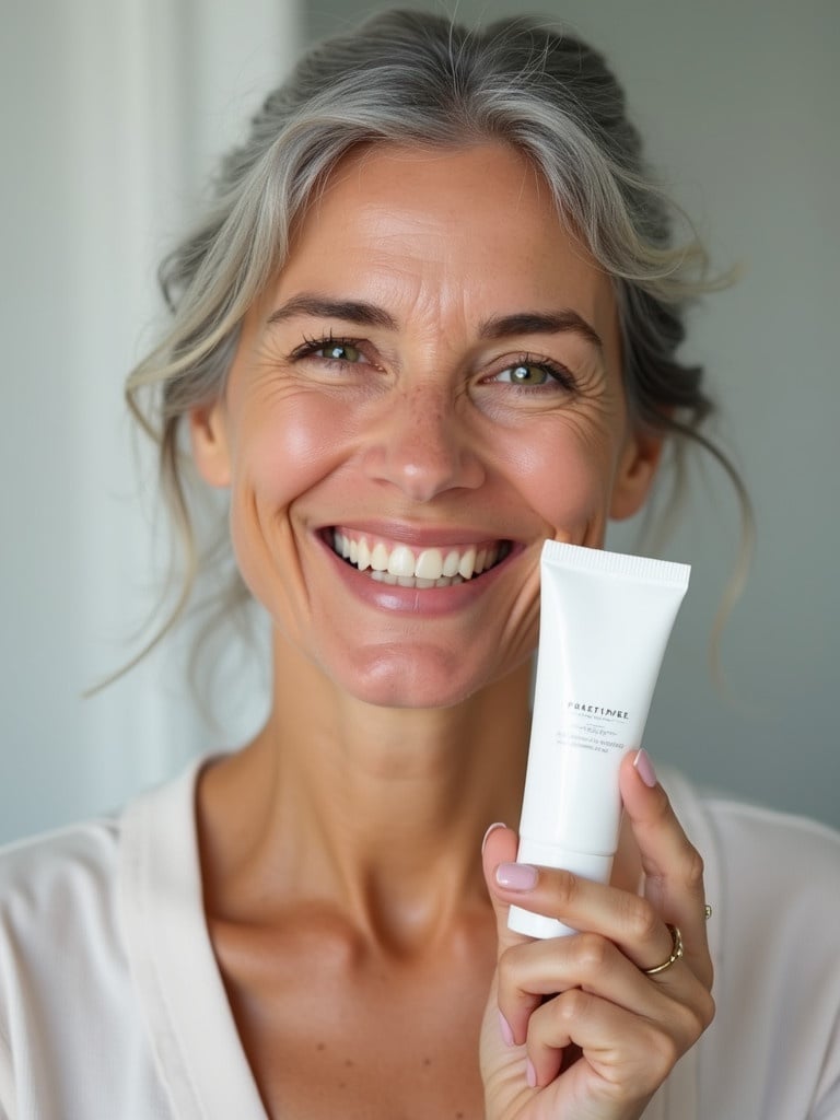 A woman smiling with gray hair holds a skincare product in a tube. Natural light illuminates her face. The product is prominently displayed in her hand.