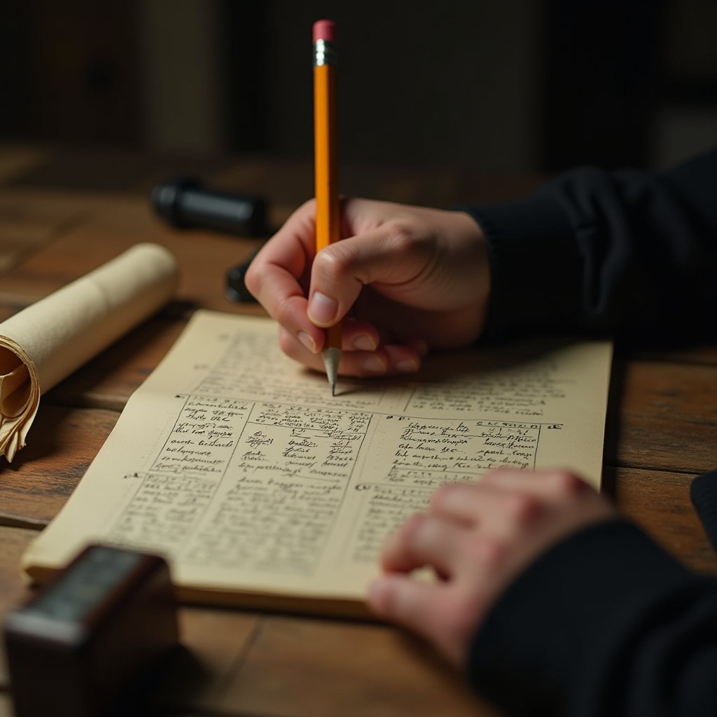 The image captures a close-up view of a person's hand as they write in a notebook. The notebook is open on a wooden table, displaying handwritten notes divided into sections. The person is using a yellow pencil with an eraser on top, focusing intently on their writing. There is a scroll and a seal or stamp nearby, adding an element of historical or official context. The lighting is warm and intimate, creating a sense of concentration and introspection.