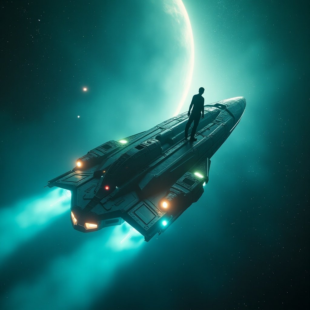 A futuristic traveler is cruising through space. The image captures a male figure standing on a sleek spaceship, entering a world beyond the ordinary. The ship appears to be powered by advanced propulsion systems, with vibrant, glowing lights enhancing its futuristic look. The color palette consists of teal and platinum, which creates a captivating atmosphere. It evokes a deep sense of exploration and mystery, making it perfect for any science fiction enthusiast.