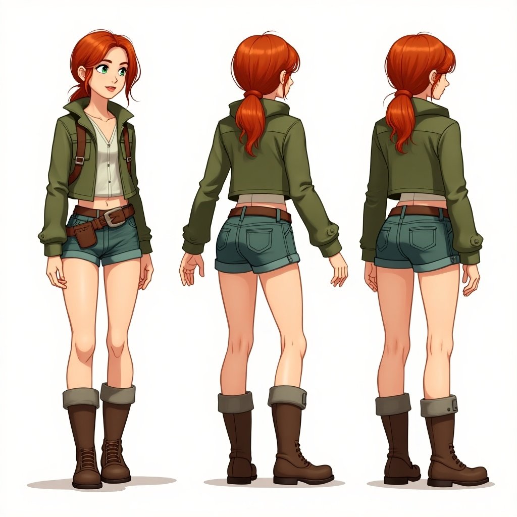 Illustrated character design of a young red-haired female dressed as an explorer. Character shown from three different angles. Wears a green outfit with shorts and a belted jacket. Sturdy boots are included in the design. Suitable for post-apocalypse game.