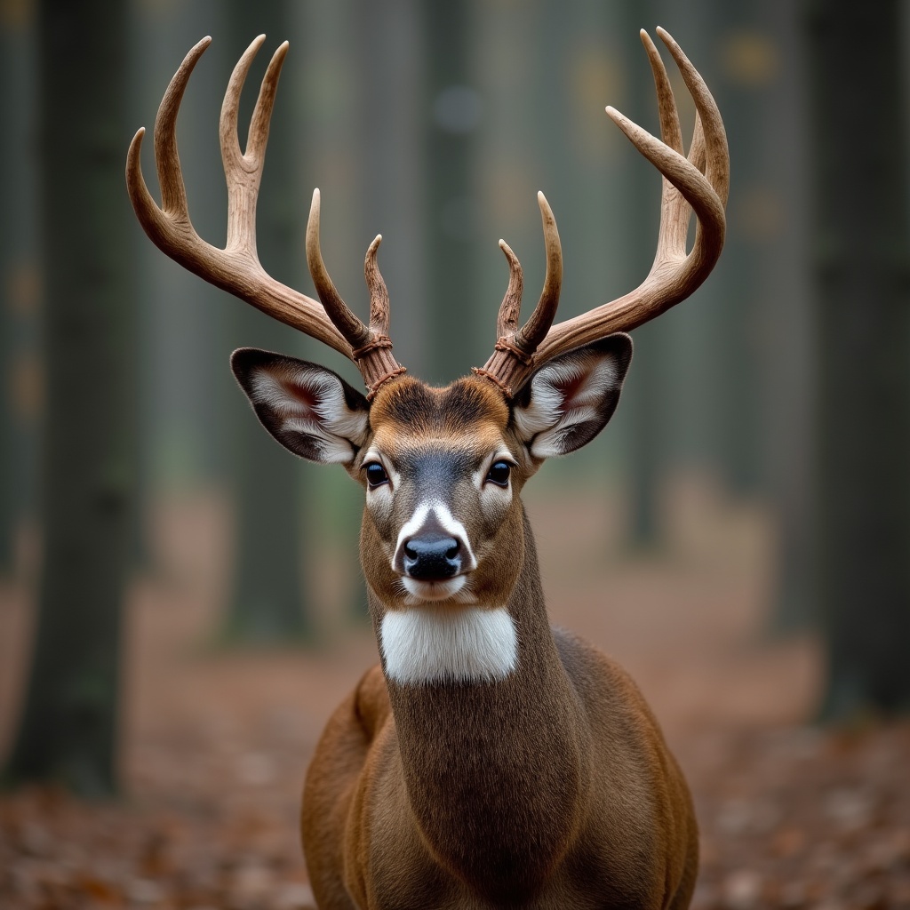 A majestic whitetail deer stands proudly in a serene forest. The deer features a big rack, showcasing its impressive antlers. Surrounded by tall trees, the scene captures the essence of nature. Soft, diffused lighting enhances the beauty of this wildlife photograph. This image reflects the serenity and majesty of forest-dwelling creatures, making it an ideal representation of wildlife in its natural habitat.