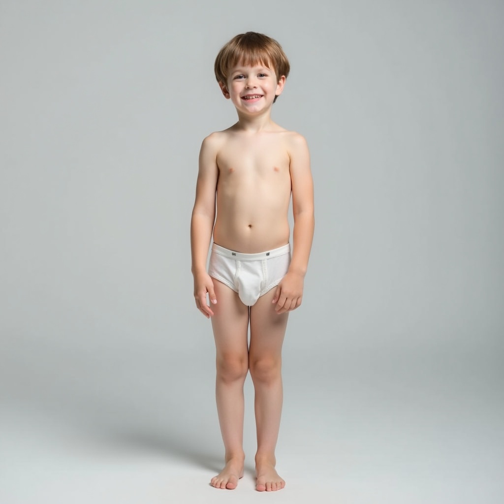 A young boy stands upright against a light gray background. He wears underwear and has a natural smile. The atmosphere is calm and playful. The minimalistic style focuses on the subject without distractions.