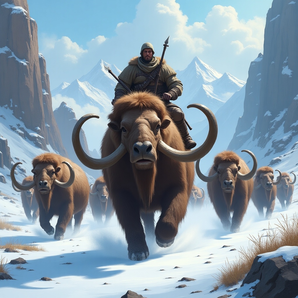 A fantasy scene depicts a warrior riding a massive mammoth, leading a herd through the snowy mountains. The mountains rise majestically in the background, with peaks covered in glistening snow. The mammoth charges forward, its large tusks prominent against the bright landscape. The warrior wears fur clothing, suggesting resilience against the cold. The entire scene evokes a sense of adventure and primal strength, showcasing the connection between man and beast in ancient times.