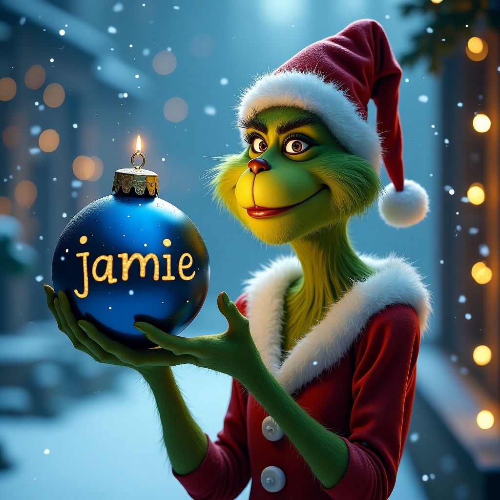 The Grinch holds a blue Christmas bauble. The bauble features the name 'jamie' in Grinch script. There is a snowy background and twinkling lights. The scene is festive and joyful.