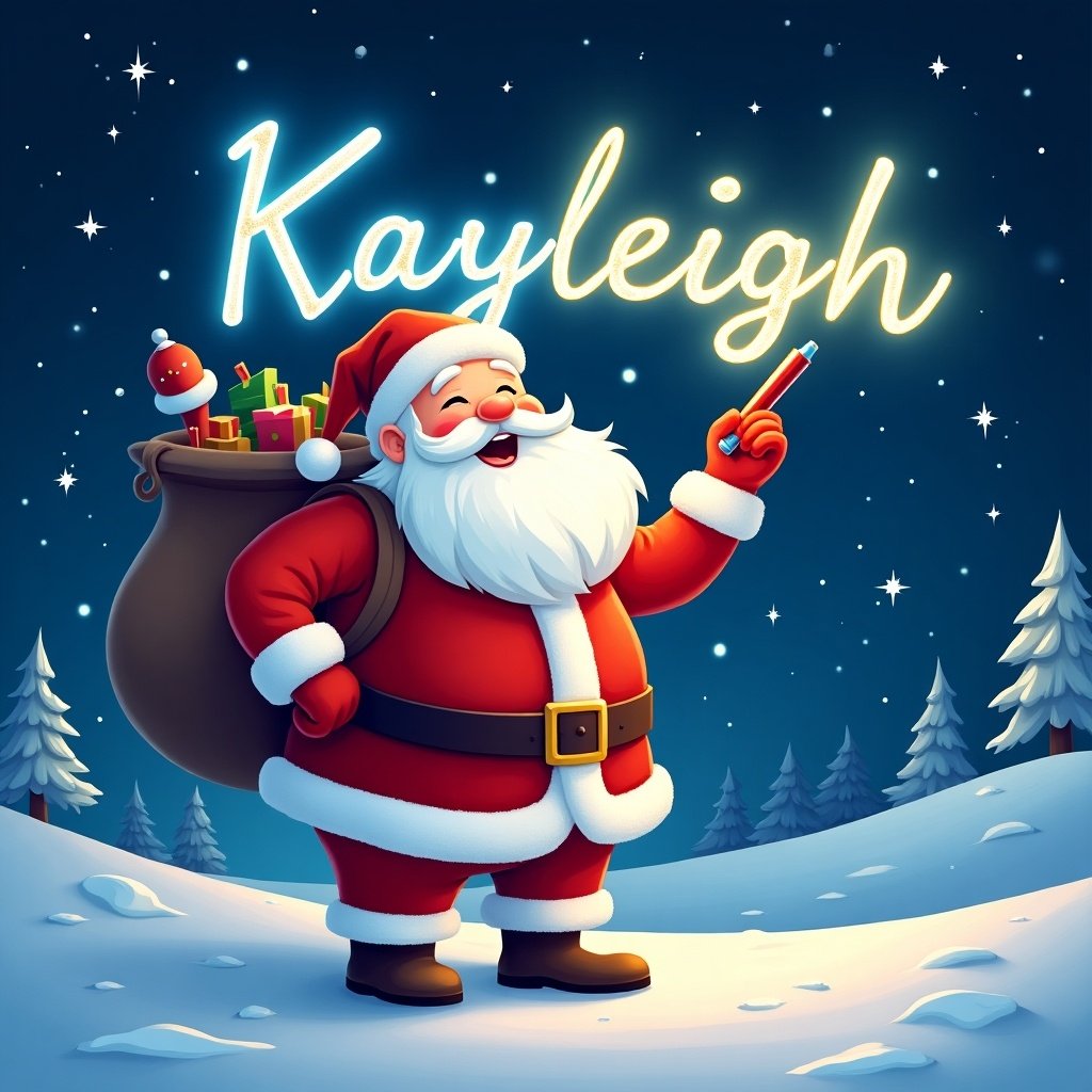 Santa Claus writing name Kayleigh in colorful glow pen in the starry sky. Christmas theme with snow and pine trees.