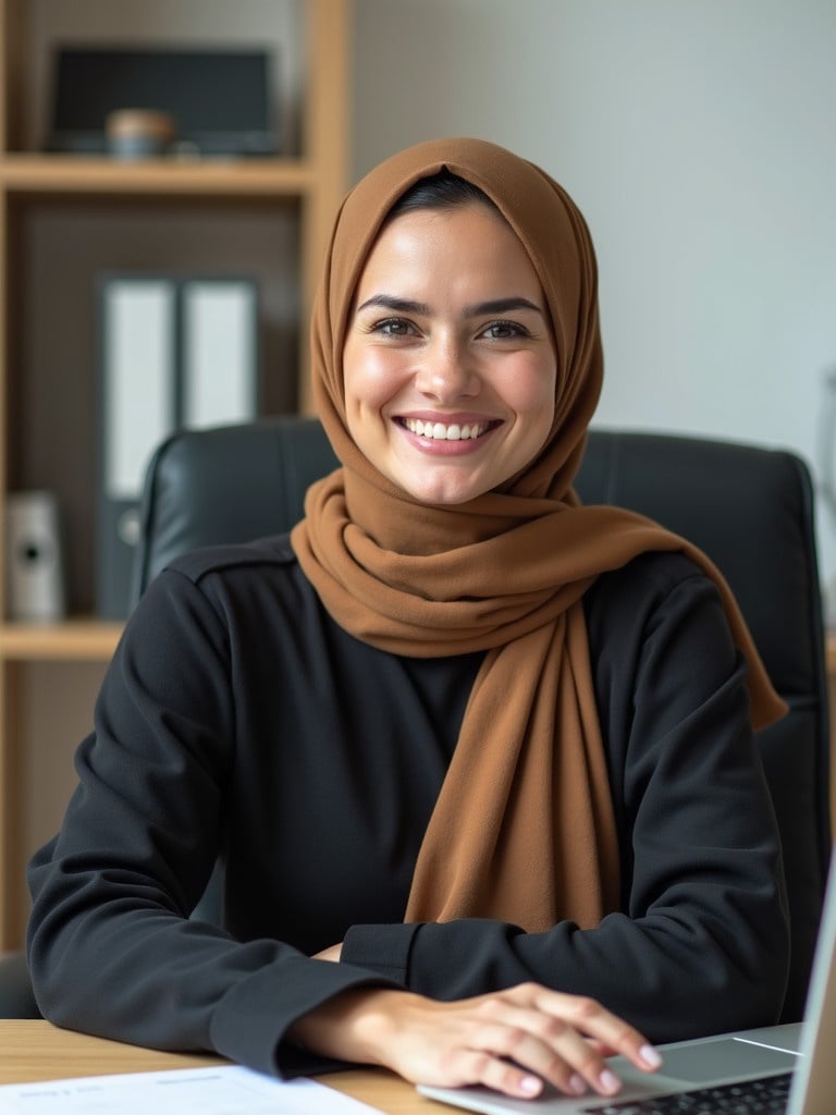 Professional woman wears a hijab in office chair. Desk is neatly organized. She appears confident and approachable. Soft lighting highlights her presence.