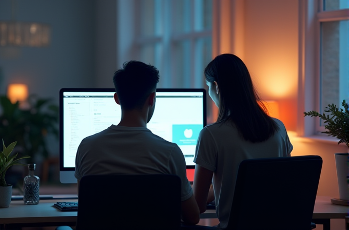 Two people are working at a dimly-lit desk with computers, surrounded by a calm, softly illuminated room.