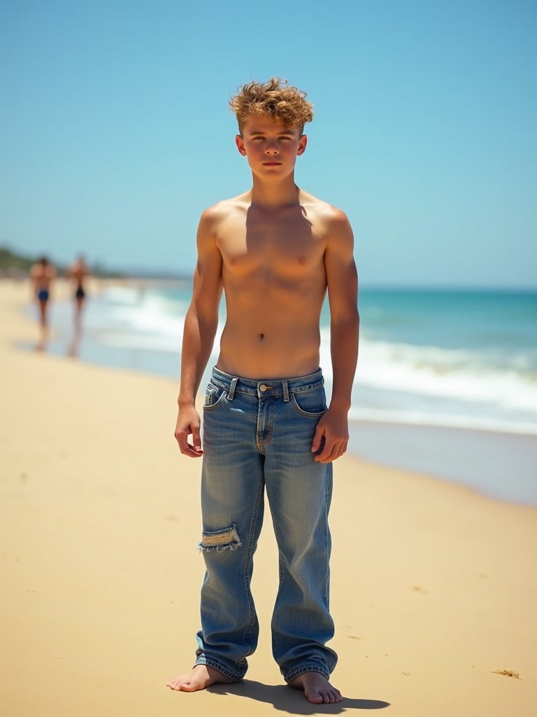 A young muscular slim teenage boy shirtless wearing loose low hanging jeans at the beach