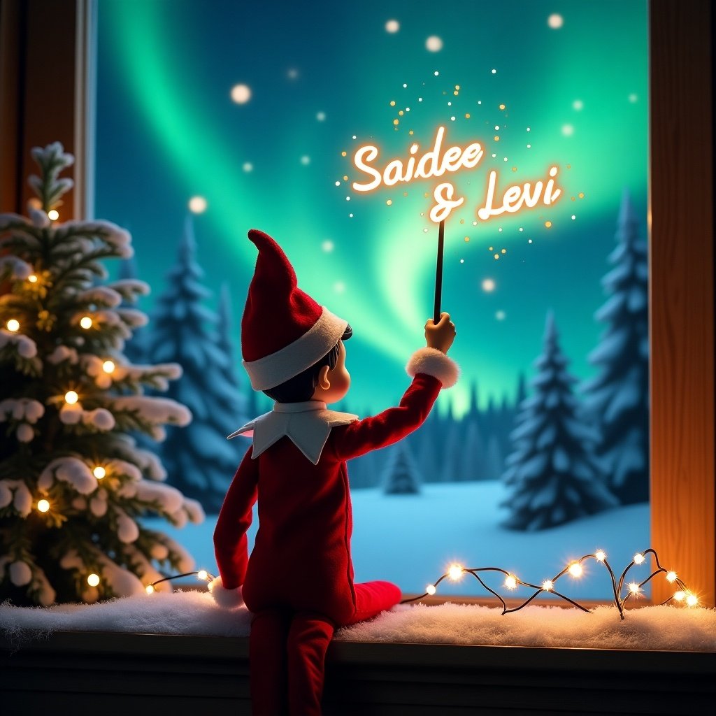 An enchanting Christmas scene features an elf on the shelf, facing the colorful sky. This elf, dressed in red and white, wields a magic wand to write 'Saidee' and 'Levi' in glowing letters above. The backdrop showcases beautiful northern lights, which enhance the magical ambiance of the scene. The setting is festive, embodying the spirit of Christmas with a whimsical twist. The positioning and action of the elf evoke a sense of wonder and excitement, perfectly capturing the joy of the holiday season.