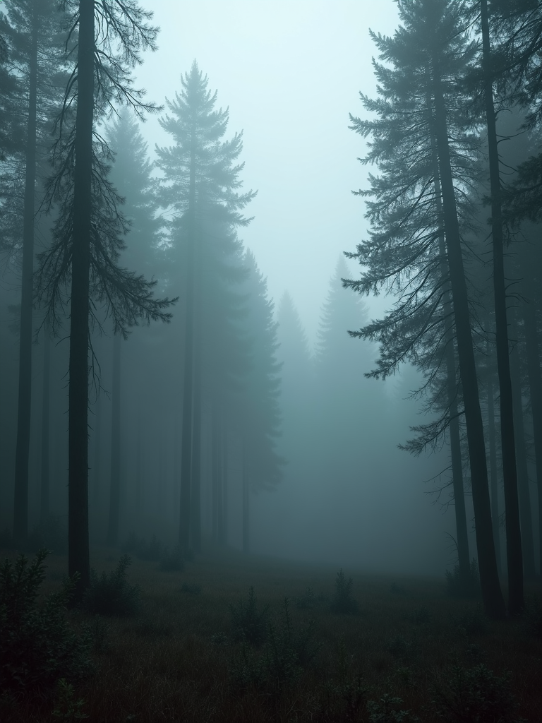 A serene and shadowy forest is enveloped in a thick, mysterious fog, with tall, slender trees fading into the misty background.