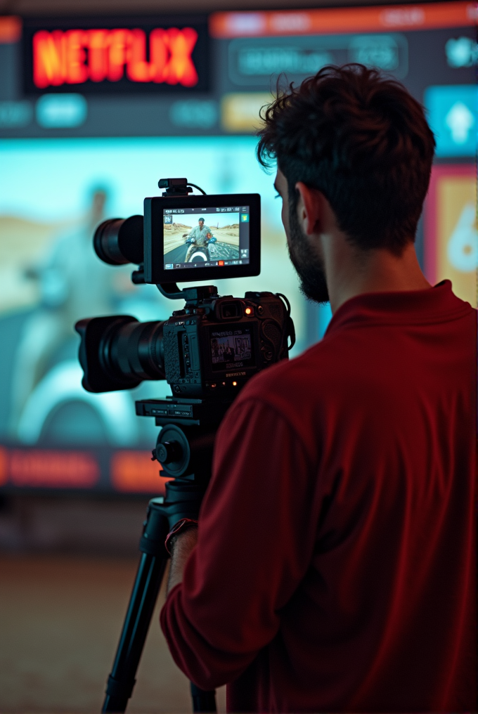 A filmmaker records a Netflix production scene with a professional camera on a tripod.