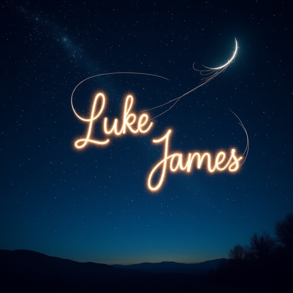 The image features the names 'Luke' and 'James' creatively illustrated using a glowing, star-like effect. It is set against a vast night sky filled with twinkling stars, evoking a sense of wonder and magic. The names are beautifully scripted, giving an artistic touch that suggests celebration. The scene may symbolize dreams or wishes, enhanced further by the appearance of a crescent moon. Overall, this design can be used for various promotional and artistic purposes.