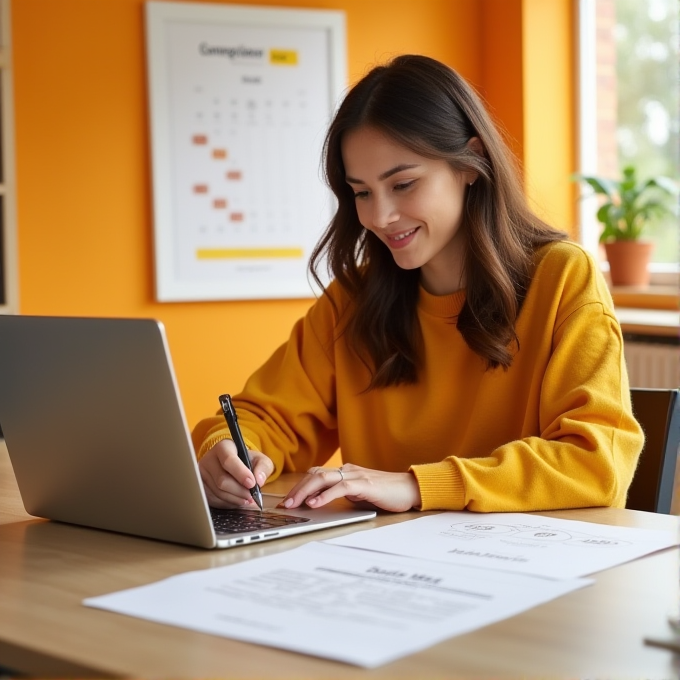 A woman in a yellow sweater works on a laptop at a desk with documents, with a bright orange wall in the background.