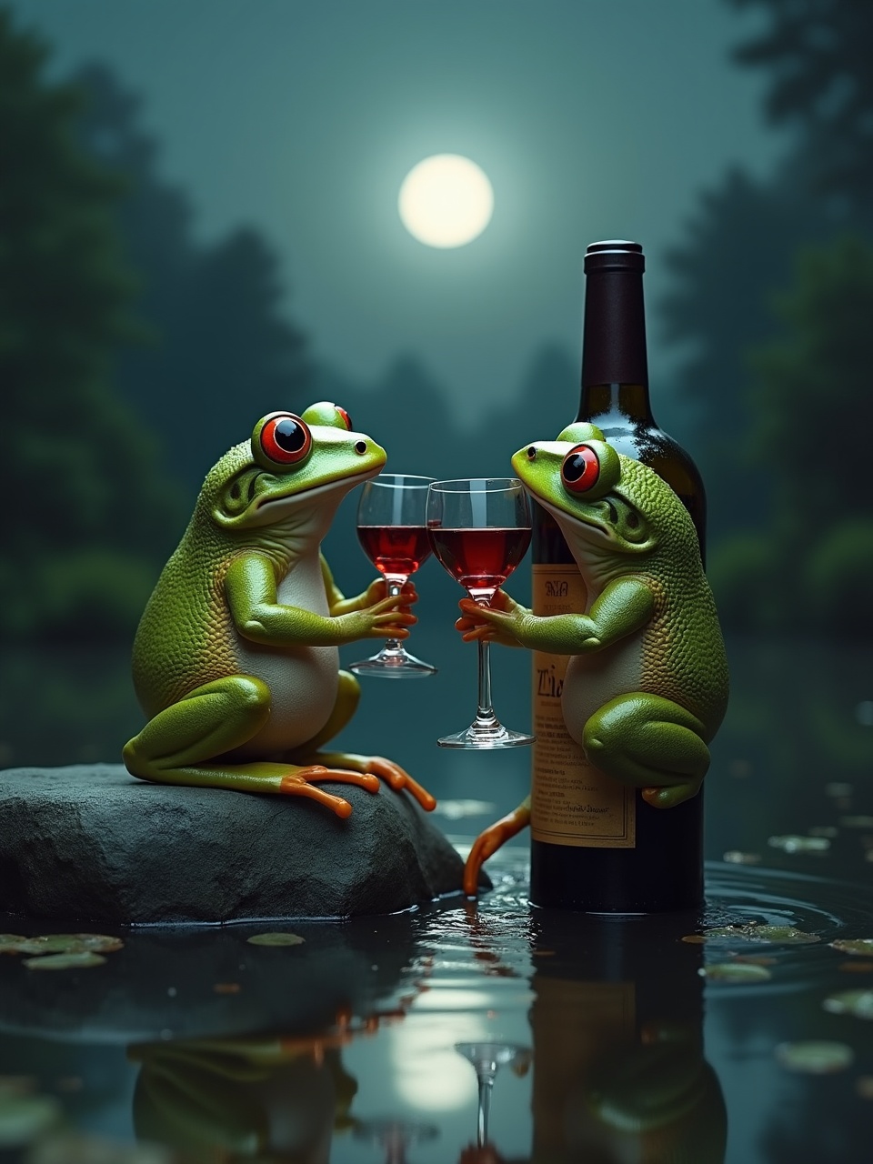 This whimsical image features two vibrant green frogs sitting on a rock in a tranquil pond, each holding a wine glass filled with red wine. They are positioned beside a large wine bottle, with a full moon illuminating the serene nighttime setting. The surreal scene suggests a playful twist on a romantic dinner, contrasting nature with an unexpected human element.