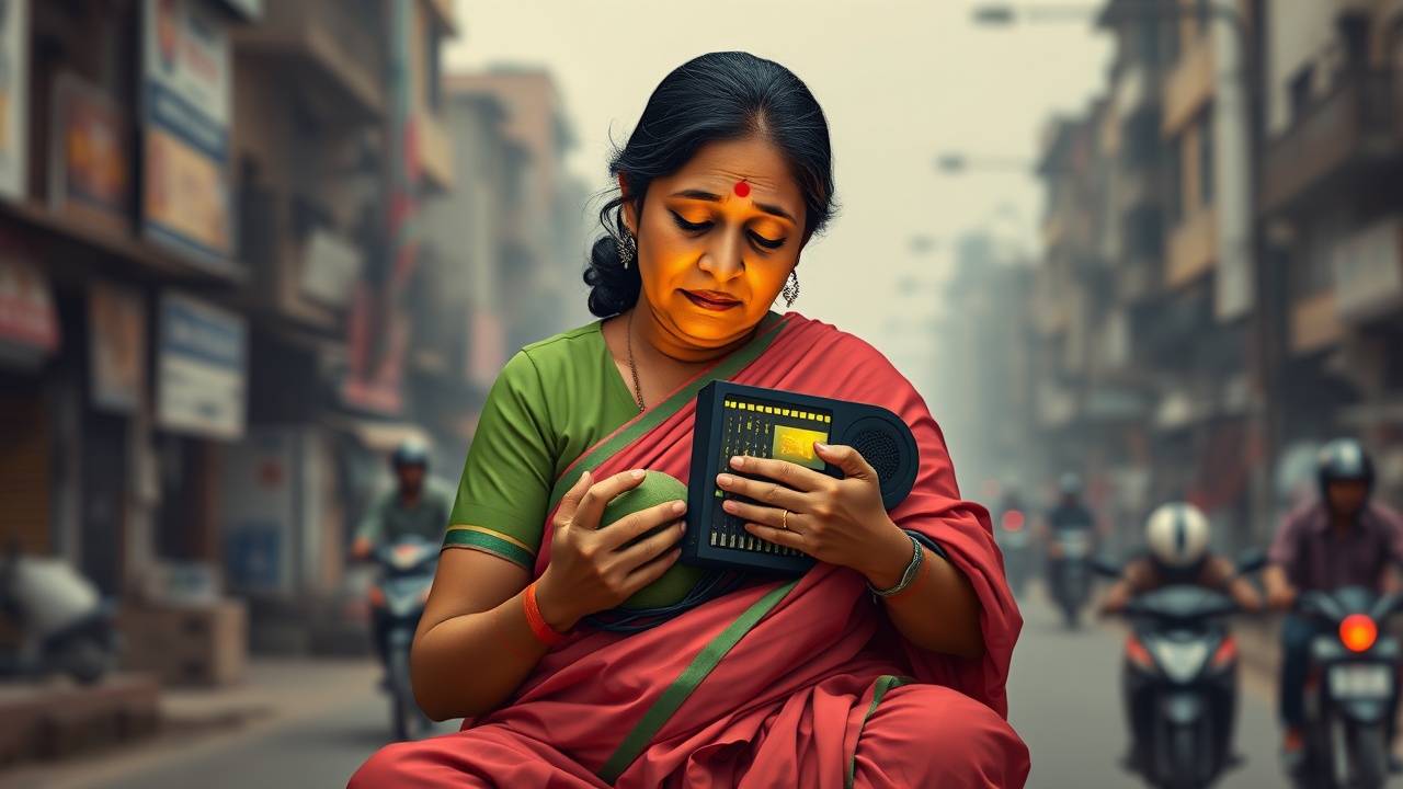 A woman in traditional Indian attire sitting on a busy urban street, holding a radio with a contemplative expression. The background shows a blurred street scene with people and vehicles, creating a sense of movement and noise.