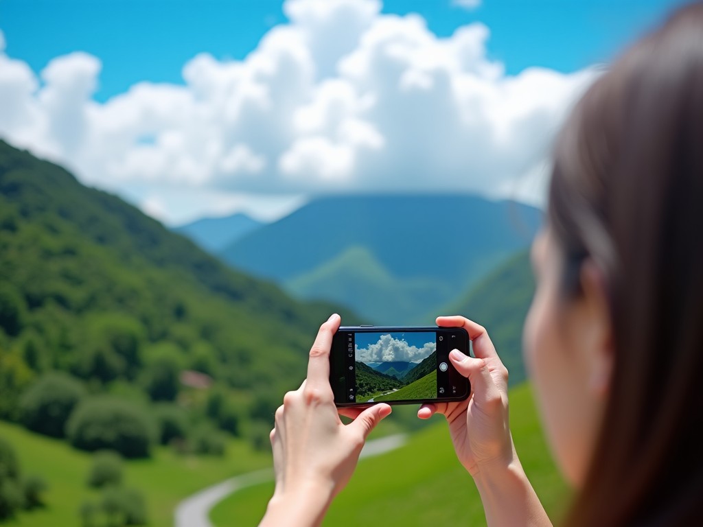 A person is taking a photograph of a breathtaking landscape using a smartphone. The scene shows lush green hills and fluffy white clouds in a bright blue sky. The individual appears focused, capturing the beauty of nature. This picturesque setting is perfect for sharing on social media platforms like Instagram. The perspective highlights both the person and the stunning view behind them.