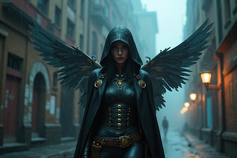 Mysterious steampunk bounty hunter stands in foggy abandoned industrial district. Clad in dark leather duster with brass buckles. Ornate mechanical wings peek from cloak. Neon gas lamps illuminate rain-soaked streets. Ominous atmosphere surrounds gothic buildings.