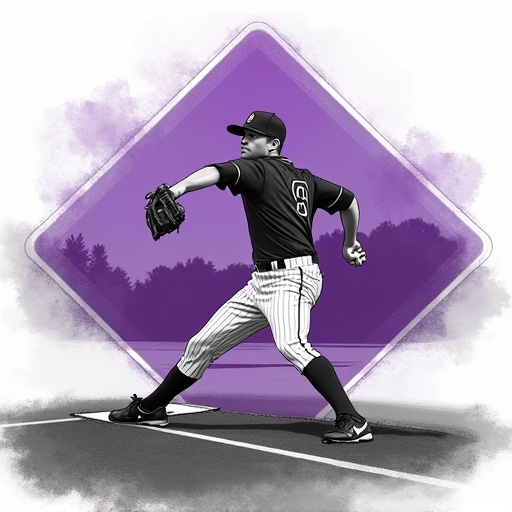 A grayscale illustration of a baseball pitcher is depicted. The background shows a purple baseball diamond. The pitcher is captured mid-action in a dynamic pose. The scene features an airbrushed art style.