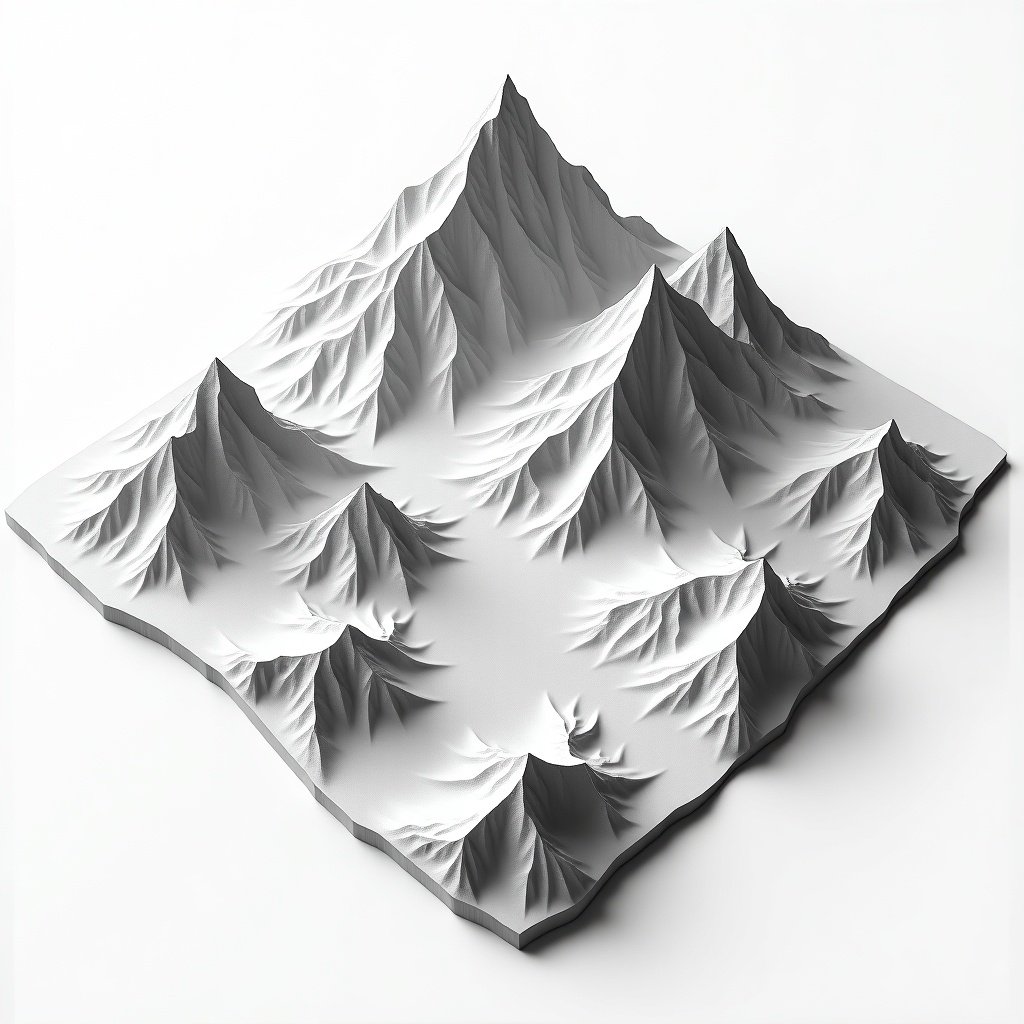 Create a greyscale map that represents terrain with various heights. Include distinct plateaus and a deep valley. Use shadowing and texture to show elevation differences. Maintain a monochromatic color scheme, focusing on white, grey, and black. Peaks should be prominent and valleys contrast with lower elevation. Ensure a three-dimensional appearance with realistic contours and slopes.