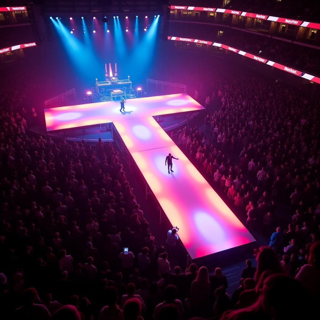 Aerial shot of a concert featuring a T-shaped stage. The stage is brightly lit with colorful lights. Large audience present. Energy and excitement visible. Great view from above.