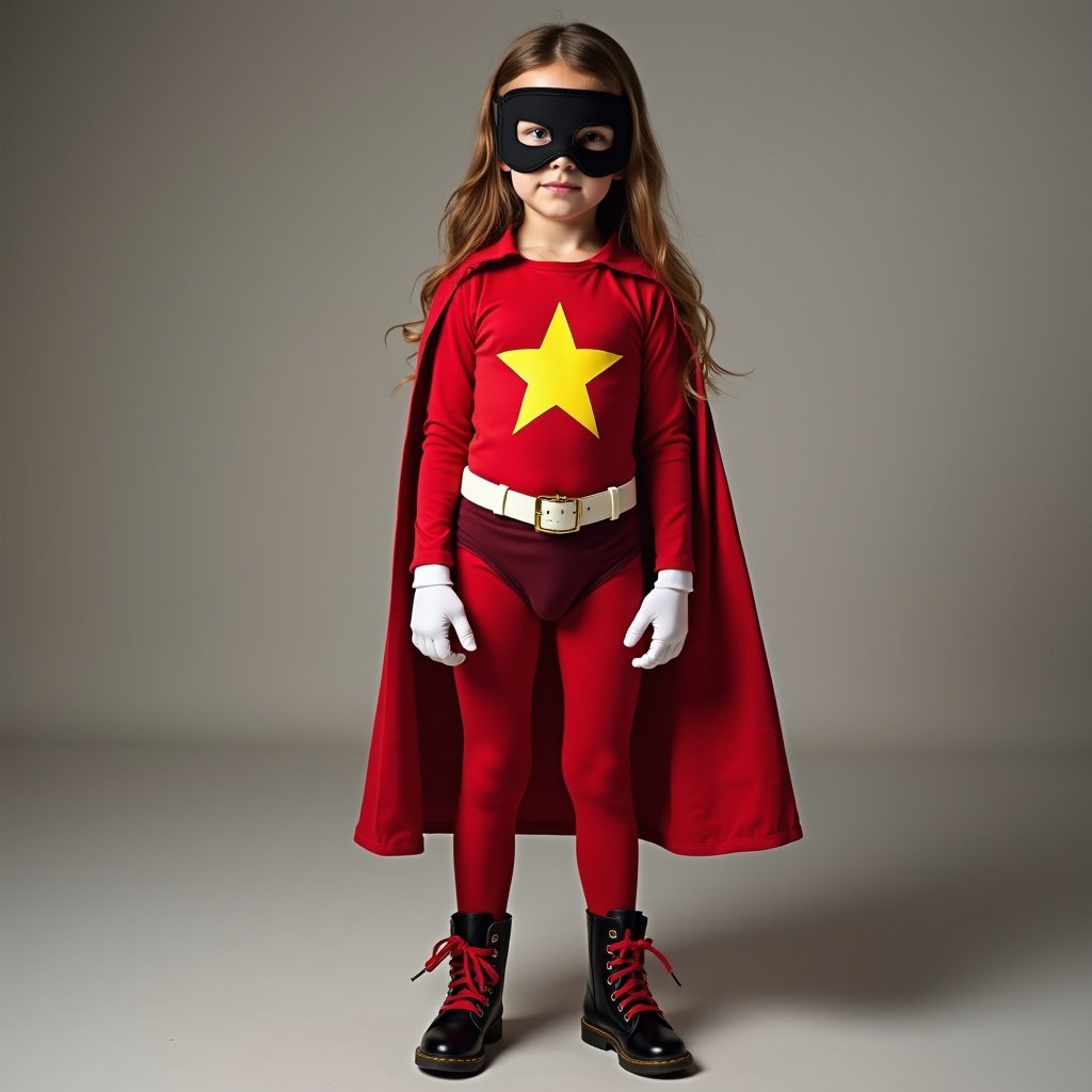 Young girl dressed as superhero in red tights with star. Black domino mask and red cape. White gloves and belt. Black boots with red laces.