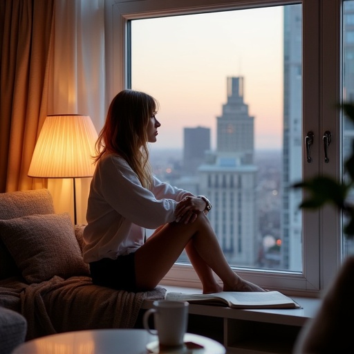 Image features a young woman seated in her apartment by a window. The scene includes a cozy sofa and warm lighting. The young woman gazes out at the city skyline.