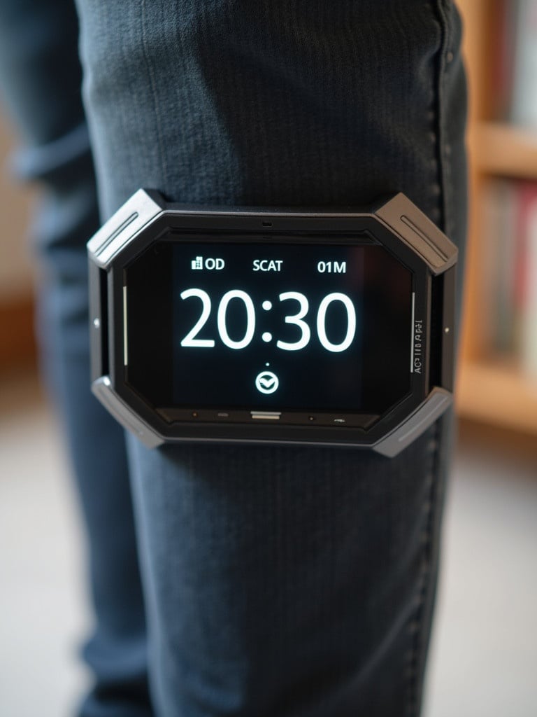 Image shows a leg-mounted activPAL device displaying current time. Device shows connectivity options. Focus on the display's readability.