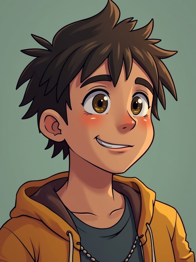 Cartoon character named Jayden wearing a yellow hoodie. Character designed to appeal to youth audiences with a modern style. Expresses a playful vibe with a simple background.