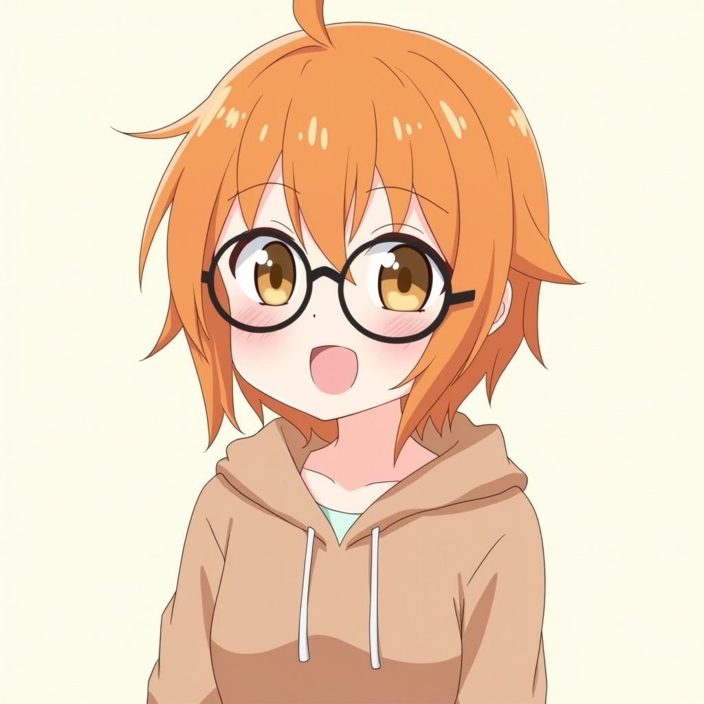 The image features a cheerful anime character with orange hair styled in a short, slightly messy cut. She wears glasses that give her a studious look, and her expression is warm and inviting. The character is dressed in a casual outfit consisting of a brown hoodie over a light top. Soft blush marks on her cheeks add a cute touch. The background is simple and clean, emphasizing her features. This character exudes a friendly and approachable vibe, typical of many anime characters.