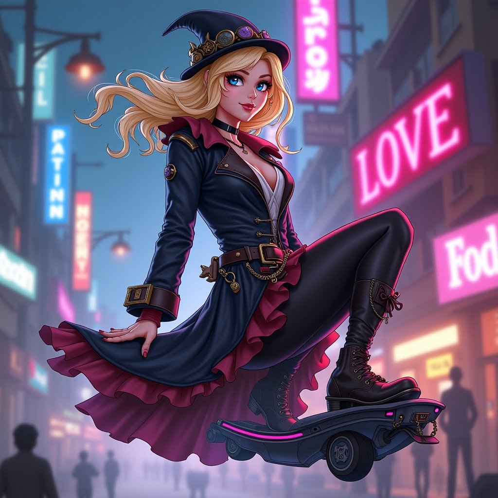 Arcane style female character with blonde hair. Masculine steampunk style outfit. Blue eyes. Riding a flying hoverboard. Neon signs in background.