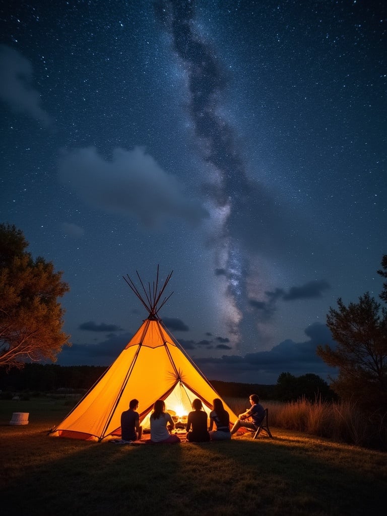 Scene of village celebrating a stargazing festival. Illuminated teepee surrounded by people. Bright night sky filled with stars and milky way. Happy group enjoying outdoor experience.