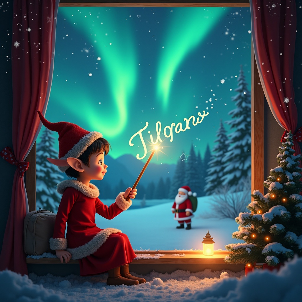 Enchanting image features elf character sitting by window during Christmas. Elf dressed in festive outfit looks outside at northern lights. Elf joyfully uses wand to write in sky. Santa Claus seen in background. Scene embodies peaceful winter wonderland with snow-covered trees and glowing ambiance.