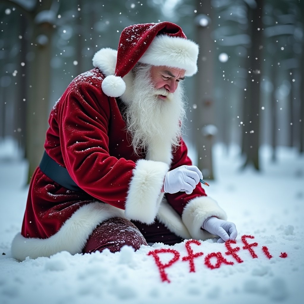 Real Santa writing 'Pfaff' in freshly fallen snow in a forest setting. Traditional depiction of Santa in red suit and matching hat, kneeling in snow, surrounded by tall trees and gently falling snowflakes. Captures Christmas spirit with personalized messages.