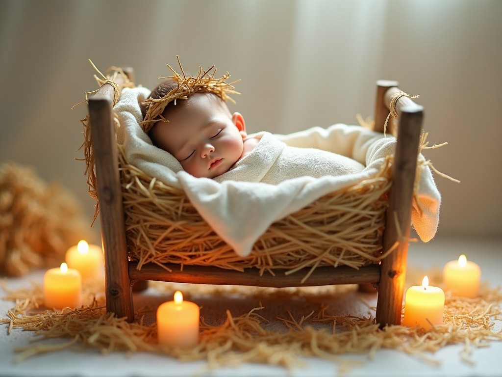 The scene depicts a beautifully crafted sculpture of a sleeping baby, resting in a rustic crib made of wood, hay, and soft fabric. The baby has gentle facial features and is adorned with a natural crown made of twigs and leaves, enhancing the serene ambiance. Around the crib, there are small candles flickering softly, illuminating the surroundings with a warm glow. The background features a soft gradient of light colors, creating a calming atmosphere. There are subtle hints of a stable environment, with hay scattered around, suggesting a humble origin. The overall composition evokes feelings of peace and innocence.