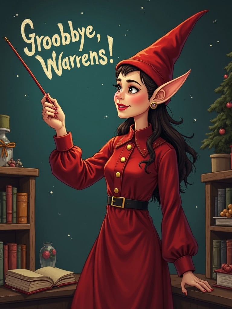 Elf on the shelf dressed in red waves goodbye with a wand. Background has bookshelves and a festive feel.