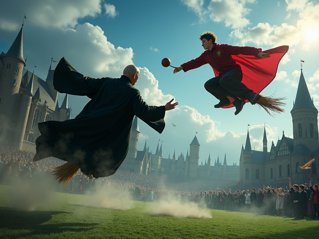 This digital artwork depicts a fantastical scene of two individuals engaged in a mid-air duel on flying brooms, set against the backdrop of a grand castle. One figure, wearing a dark robe, faces the other, who is clad in a red cloak and clutches a golden ball. The crowd of spectators below adds a lively backdrop to the dramatic sky filled with fluffy clouds and sunlight streaming through.