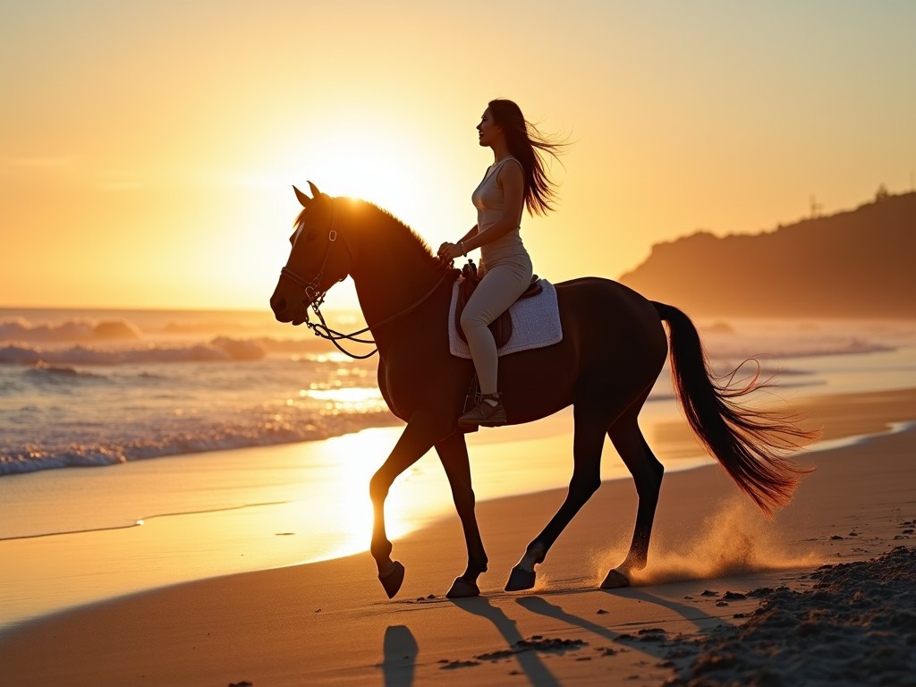 A beautiful woman riding her horse along the beach at sunset. The scene captures a warm golden glow as the sun sets on the horizon. The silhouette of the horse and rider creates a striking visual against the vibrant colors of the sky. Soft waves lap at the shore, adding a serene element to the dynamic movement. It's a moment of freedom and connection between the rider and her horse, showcasing the beauty of nature and adventure.