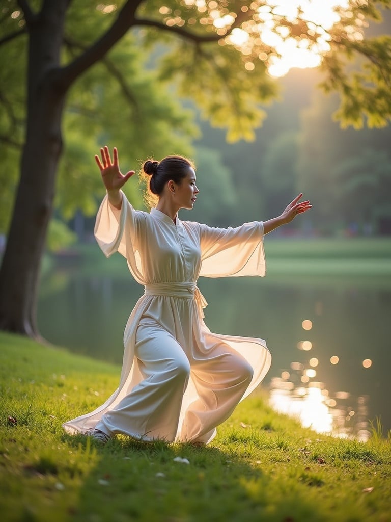 Tai chi performed in the park by a Chinese woman. The setting includes trees and a lake. The movement is flowing and graceful. Sunlight shines softly through the leaves.