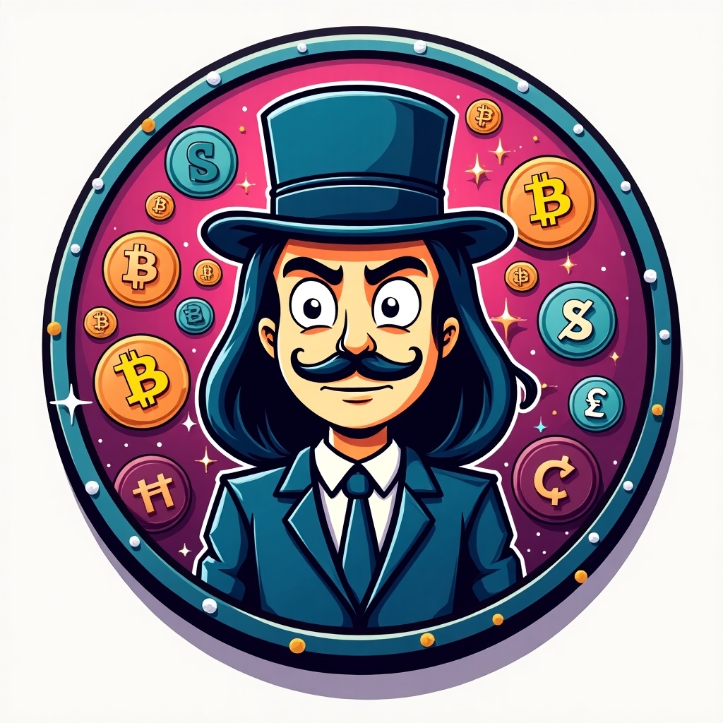 A cartoonish character with a top hat and mustache. Surrounding different types of coins representing cryptocurrencies. Background is colorful and vibrant. Meme culture representation in finance.