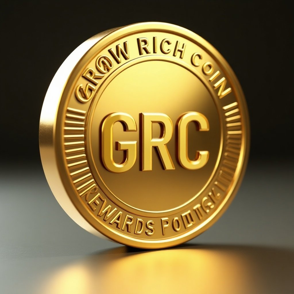 A gold-colored coin stands upright on a smooth surface. The coin features a large 'GRC' symbol. The inscription reads 'Grow Rich Coin - Rewards Points'. The coin reflects soft light.