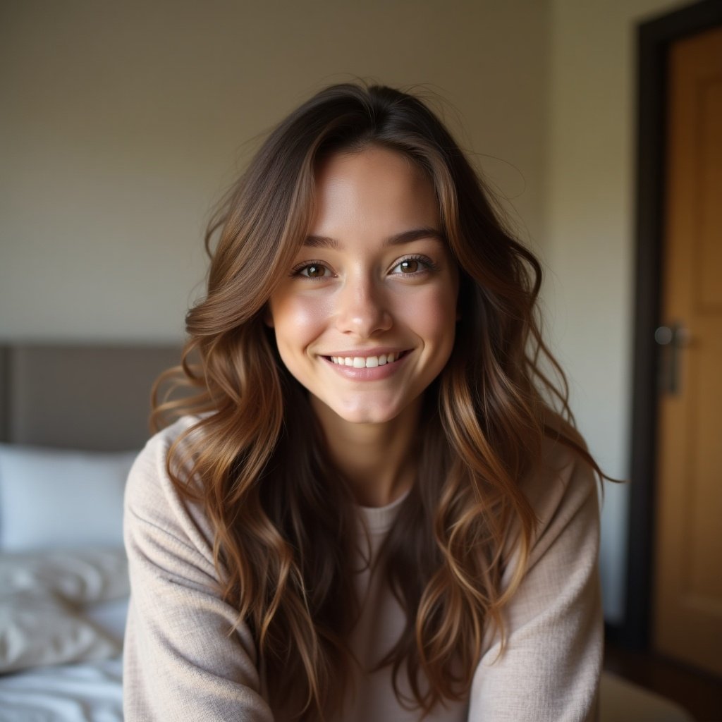 A young girl with brown hair takes a selfie in a stylish bedroom. Soft sunlight creates a warm ambiance. Her casual attire adds to the cozy feel of the scene.