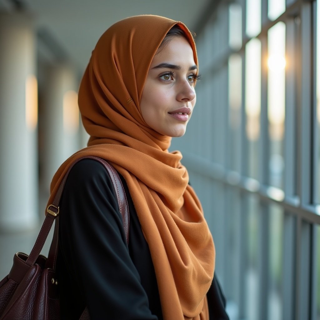 Cultural representation of a young woman wearing hijab in an educational setting. Young woman in a hijab at a medical university. Soft and warm natural lighting. Emphasizes diversity in education.