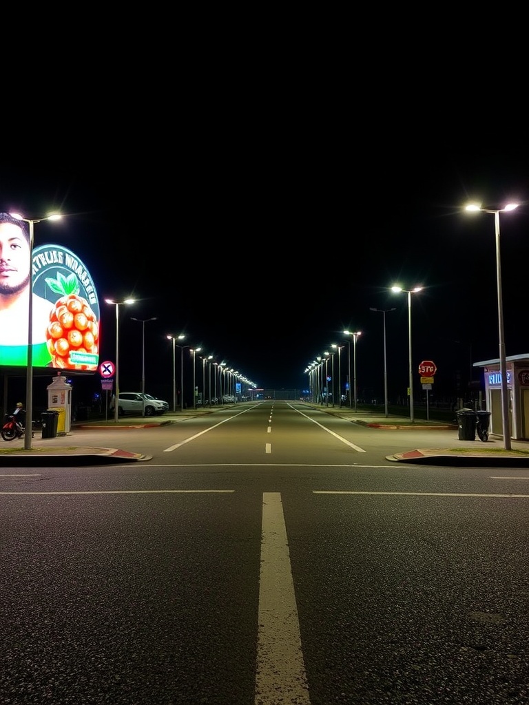 A tranquil nighttime scene featuring a well-lit, empty street stretching into the distance. Streetlights line the road symmetrically, creating a sense of depth and vanishing point. The darkness of the sky contrasts with the illuminated path, while a bright advertisement on the left adds a pop of color and visual interest.