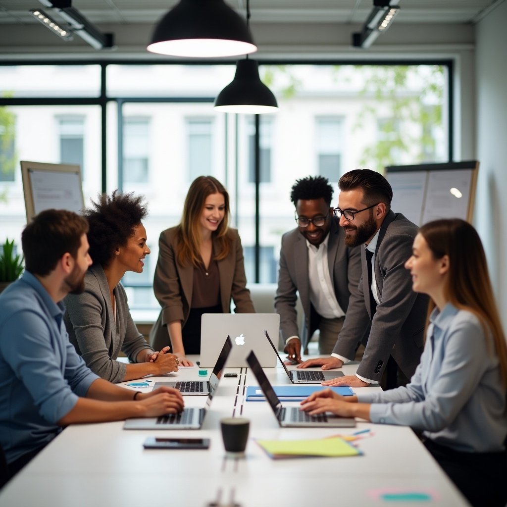 A diverse team of professionals is gathered in a modern office setting, collaborating on a project. The space is bright and contemporary, featuring large windows that allow natural light to flood in. Each member has a laptop open in front of them, and they are engaged in discussion, showcasing teamwork and creativity. The individuals are dressed in casual business attire, reflecting a professional yet relaxed atmosphere. The office environment includes digital tools, whiteboards, and elements that promote innovation and collaboration.