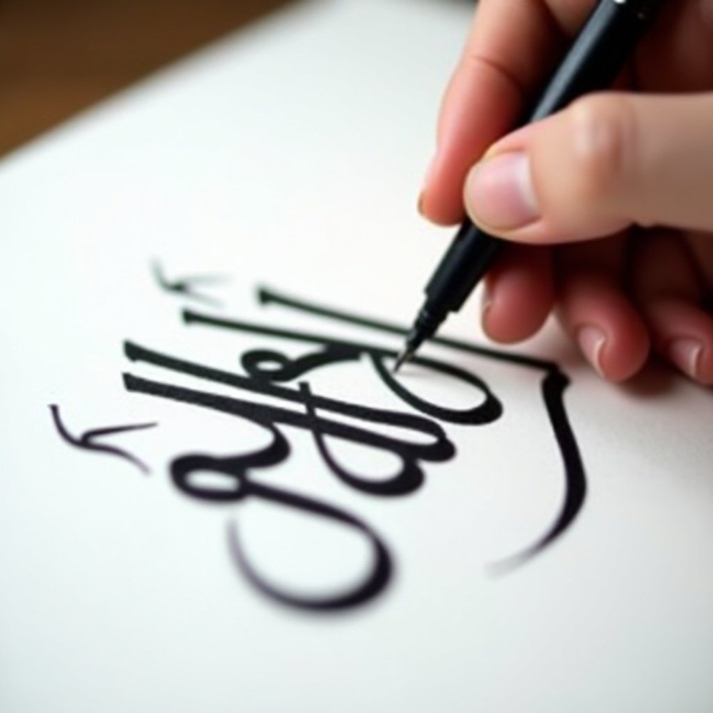 Hand writes Arabic calligraphy using a pen. Bold black ink on white paper. Steady focus on letters. Arabic text includes أبو عبد الله أحمد.