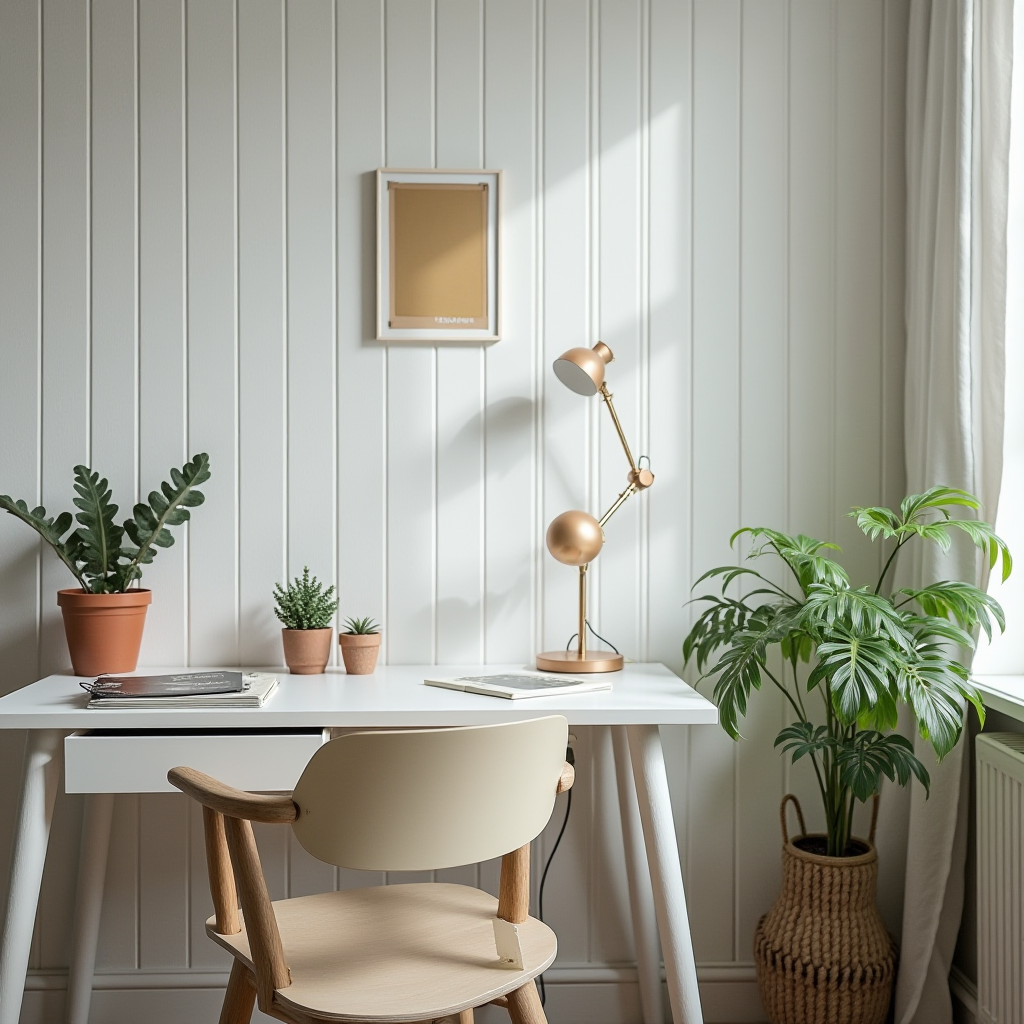 A minimalist home office setup with a white desk, green plants, and a gold lamp.