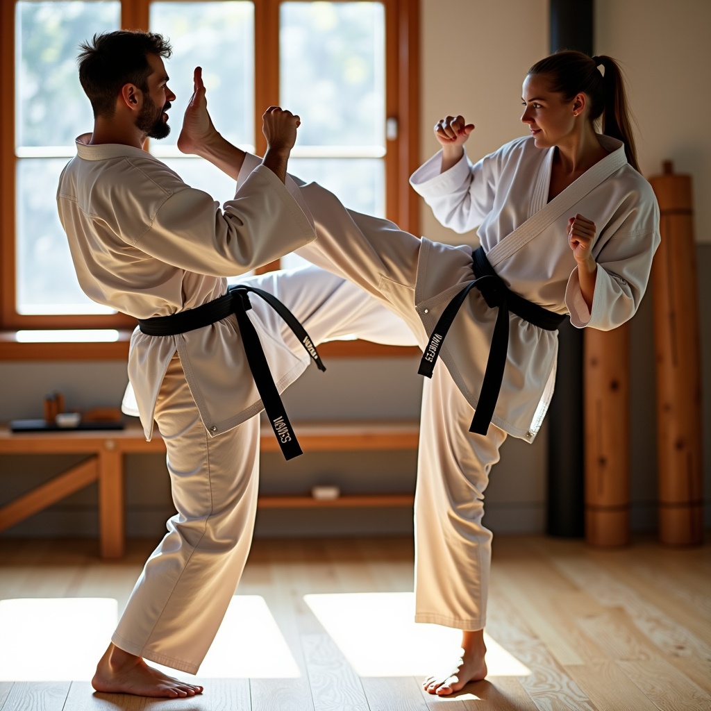 Image shows a martial arts training session in a dojo. Two practitioners are in a dynamic exchange. One executes a high kick while the other defends. Natural light streams through windows. Wooden training equipment is in the background.