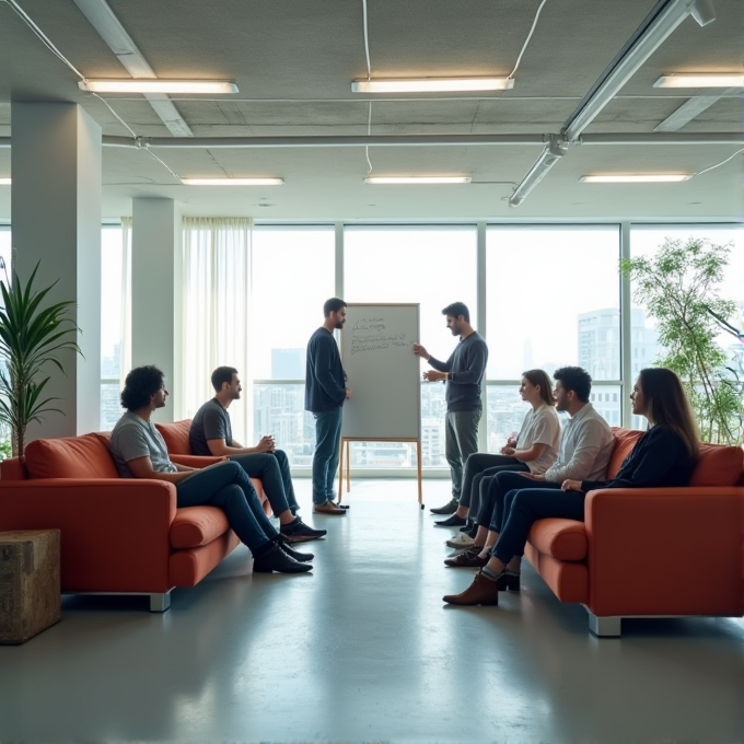 A group of professionals engages in a meeting within a modern office space, featuring large windows and vibrant orange sofas.